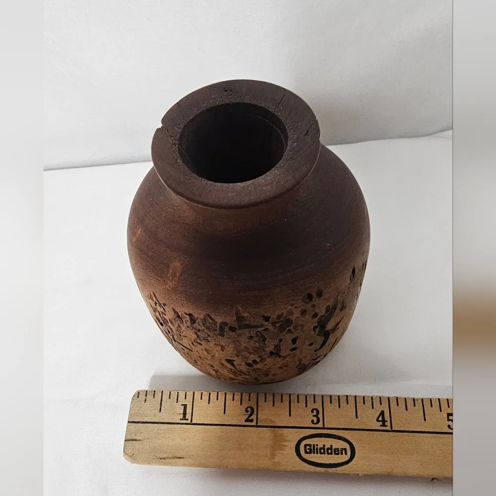 Artisan Carved Burl Wood Bud Vase Vintage Rustic Decor Natural Wood Grain Textur